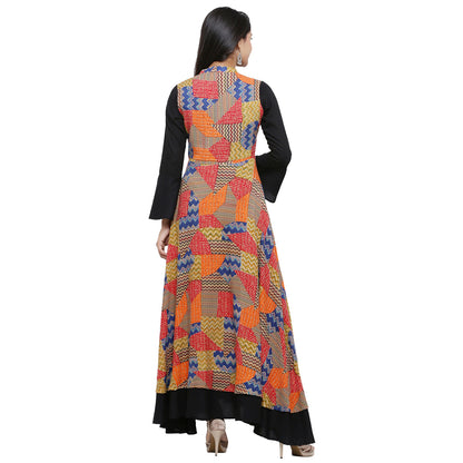 Rayon Geometric Print Embroidered Anarkali Kurta (Black)