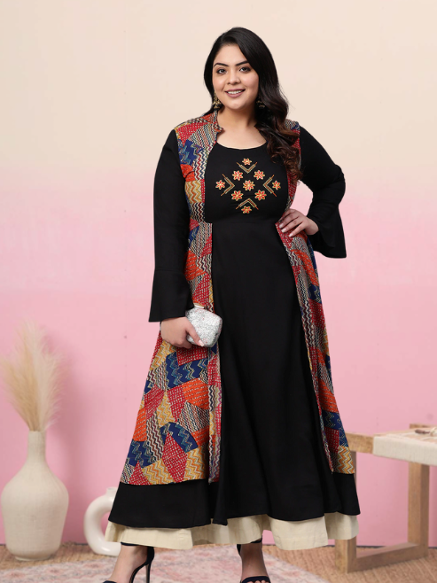 women rayon geometric print embroidered anarkali kurta black