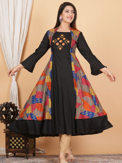 women rayon geometric print embroidered anarkali kurta black