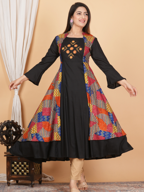 women rayon geometric print embroidered anarkali kurta black