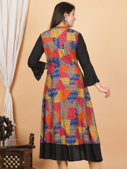 women rayon geometric print embroidered anarkali kurta black
