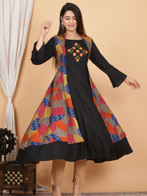 women rayon geometric print embroidered anarkali kurta black