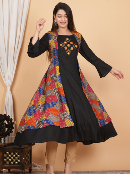women rayon geometric print embroidered anarkali kurta black