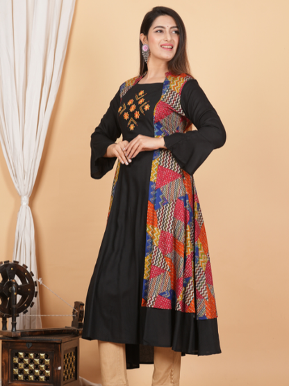 women rayon geometric print embroidered anarkali kurta black