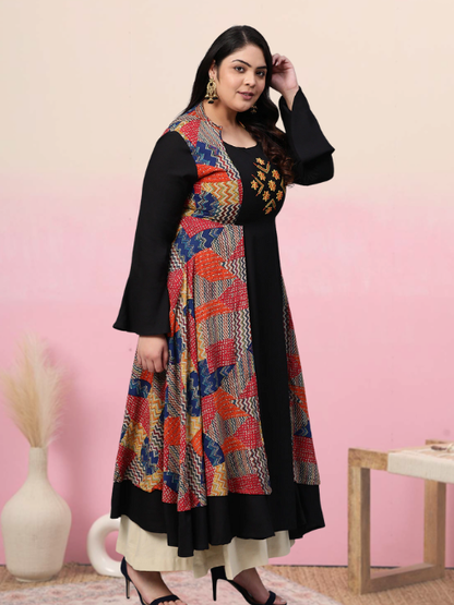 women rayon geometric print embroidered anarkali kurta black
