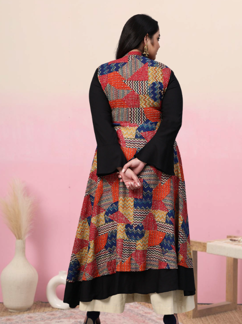 women rayon geometric print embroidered anarkali kurta black
