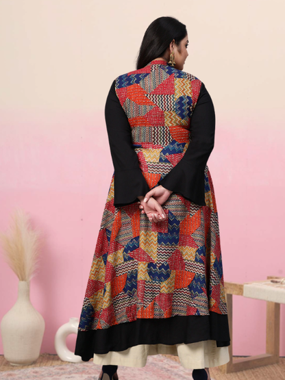 women rayon geometric print embroidered anarkali kurta black