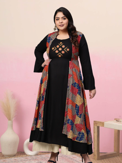 women rayon geometric print embroidered anarkali kurta black