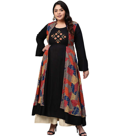 Rayon Geometric Print Embroidered Anarkali Kurta (Black)