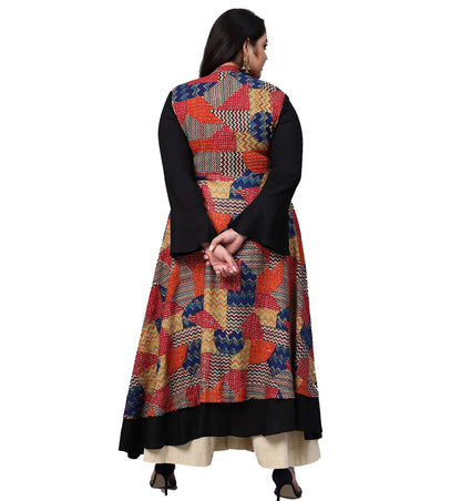 Rayon Geometric Print Embroidered Anarkali Kurta (Black)