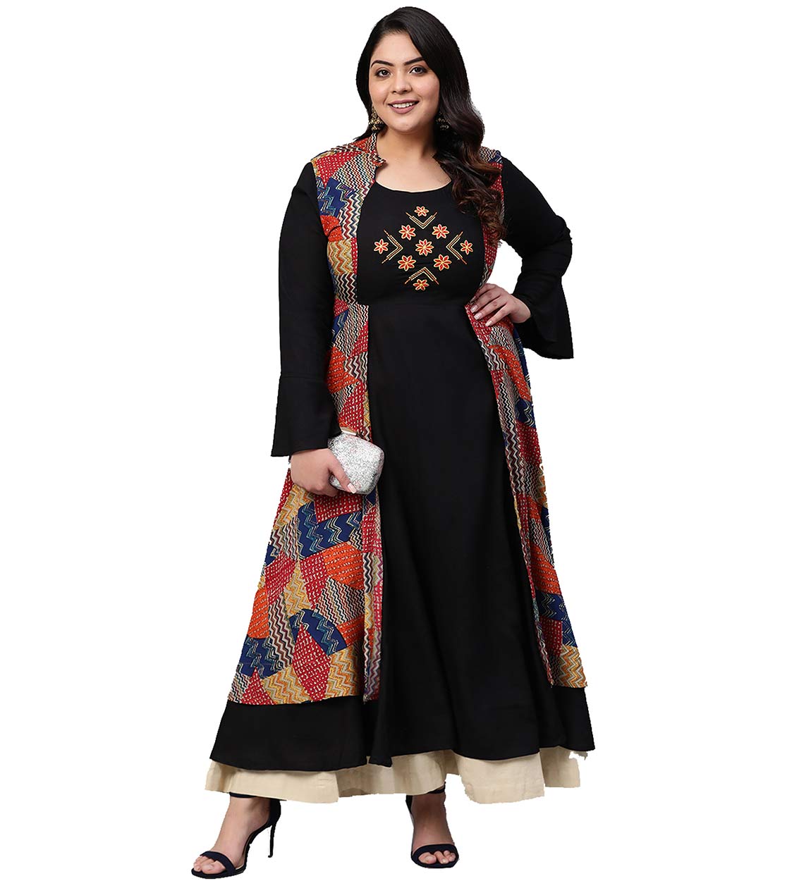 Rayon Geometric Print Embroidered Anarkali Kurta (Black) – Yash