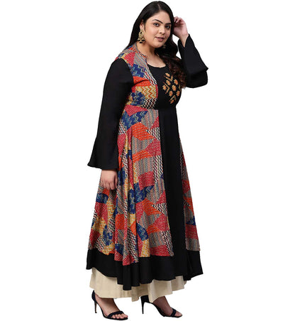 Rayon Geometric Print Embroidered Anarkali Kurta (Black)