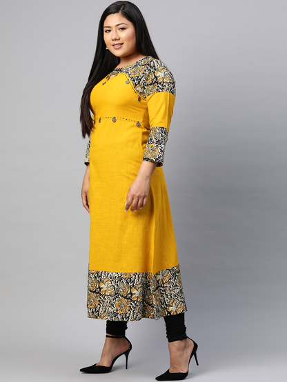 Cotton Blend Kalamkari Print Kaantha Work A-line Kurta