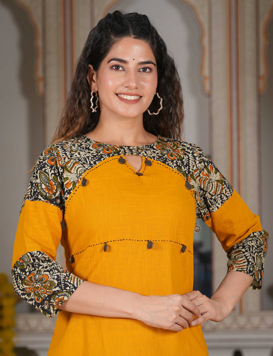 Cotton Blend Kalamkari Print Kaantha Work A-line Kurta (Mustard)