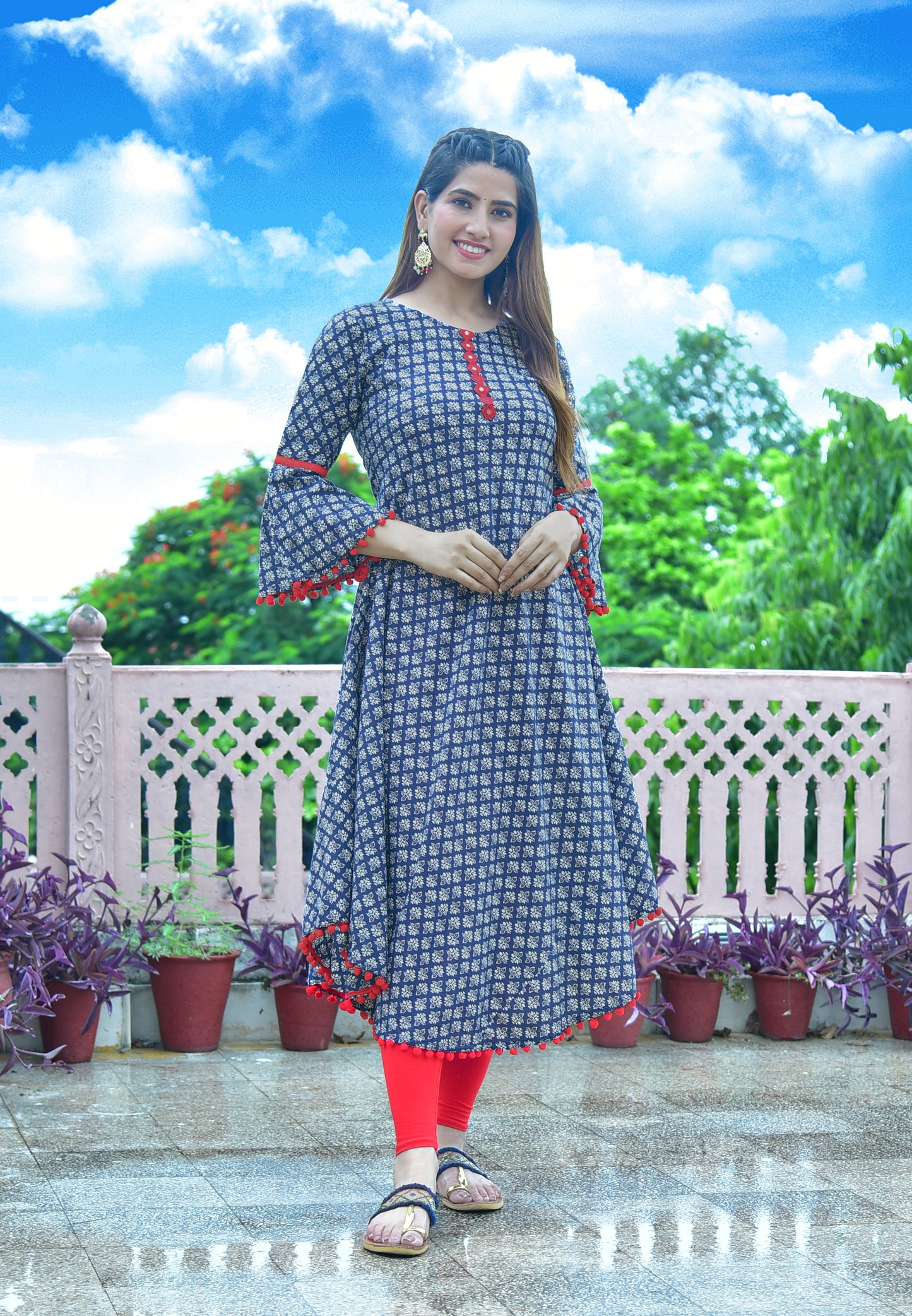 women cambric cotton printed mirror work a line kurta blue