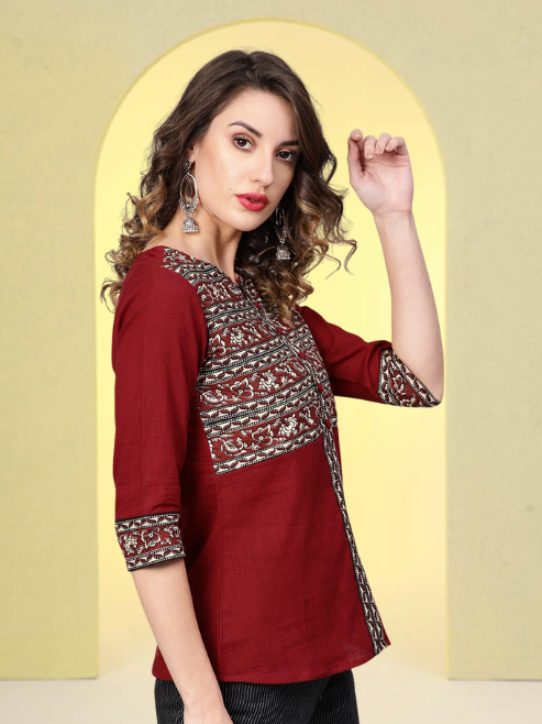 women cotton slub kalamkari printed regular top maroon