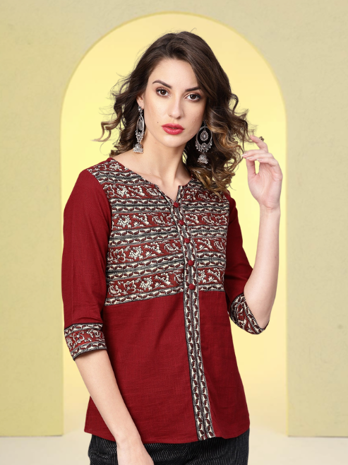 women cotton slub kalamkari printed regular top maroon
