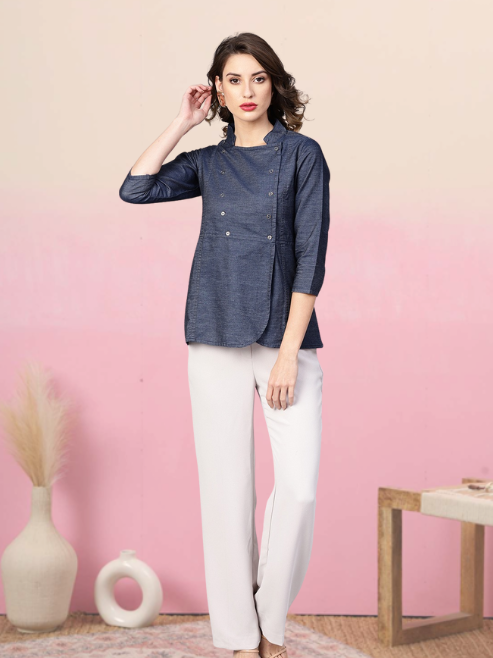women denim regular top blue