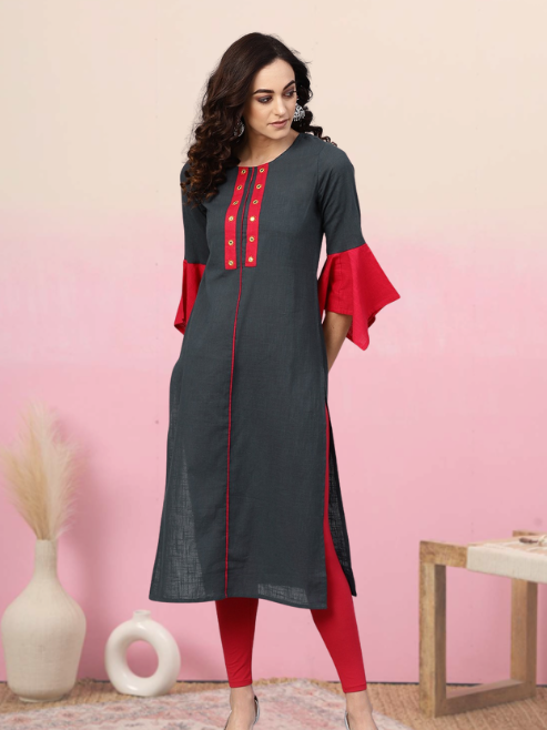 Cotton Slub Mirror Work Straight Kurta (Bluish Grey)
