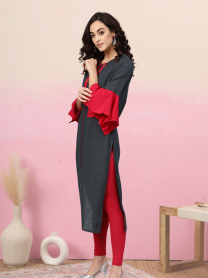 Cotton Slub Mirror Work Straight Kurta (Bluish Grey)