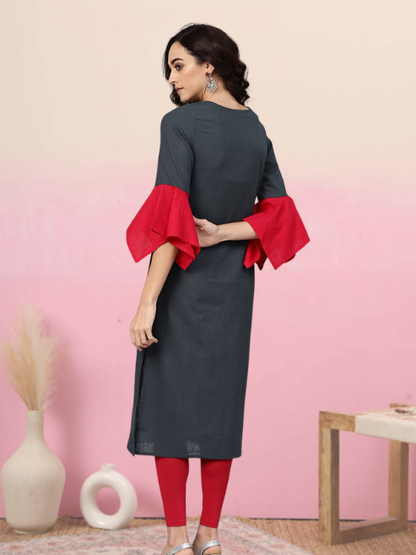 Cotton Slub Mirror Work Straight Kurta (Bluish Grey)