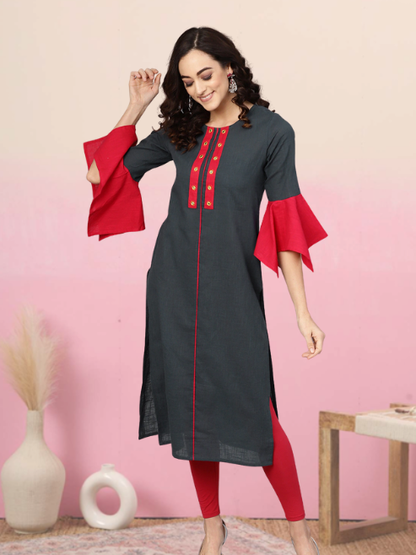 Cotton Slub Mirror Work Straight Kurta (Bluish Grey)