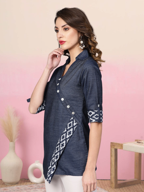 women denim printed regular top blue