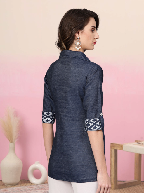 women denim printed regular top blue