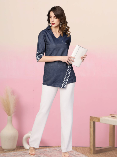 women denim printed regular top blue