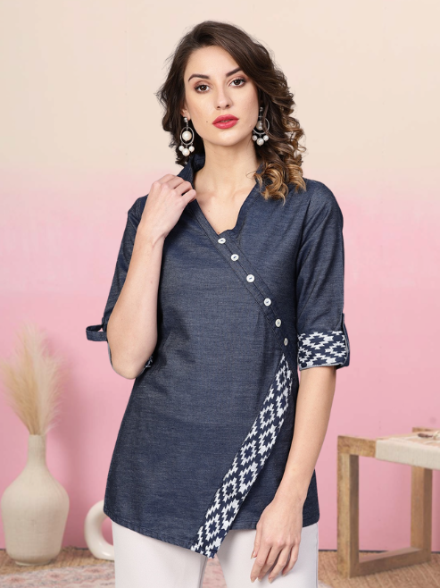 women denim printed regular top blue