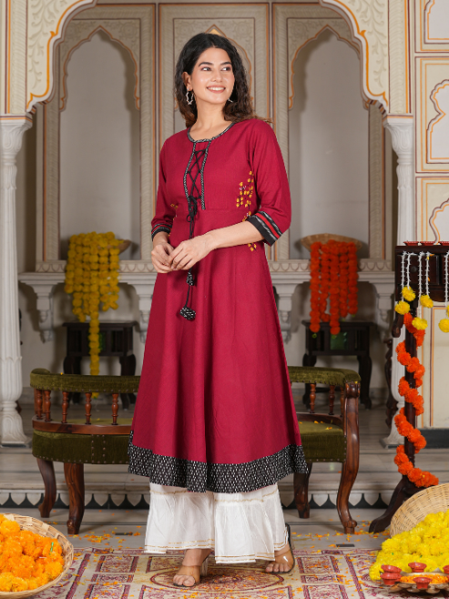 Cotton Slub Embroidered Anarkali Kurta (Maroon)