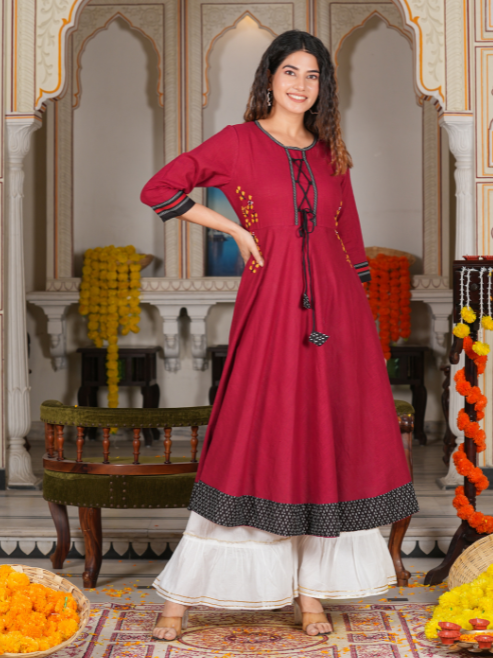 Cotton Slub Embroidered Anarkali Kurta (Maroon)