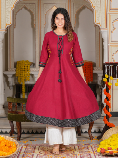 Cotton Slub Embroidered Anarkali Kurta (Maroon)