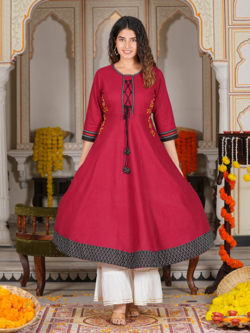 Cotton Slub Embroidered Anarkali Kurta (Maroon)