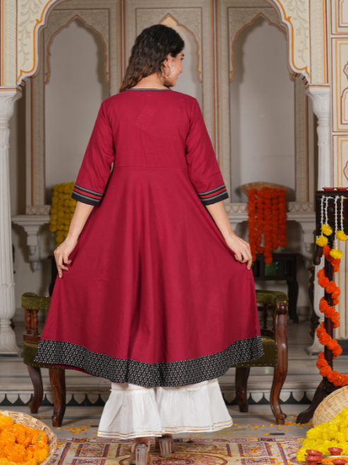 Cotton Slub Embroidered Anarkali Kurta (Maroon)