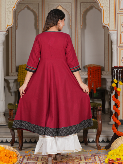 Cotton Slub Embroidered Anarkali Kurta (Maroon)