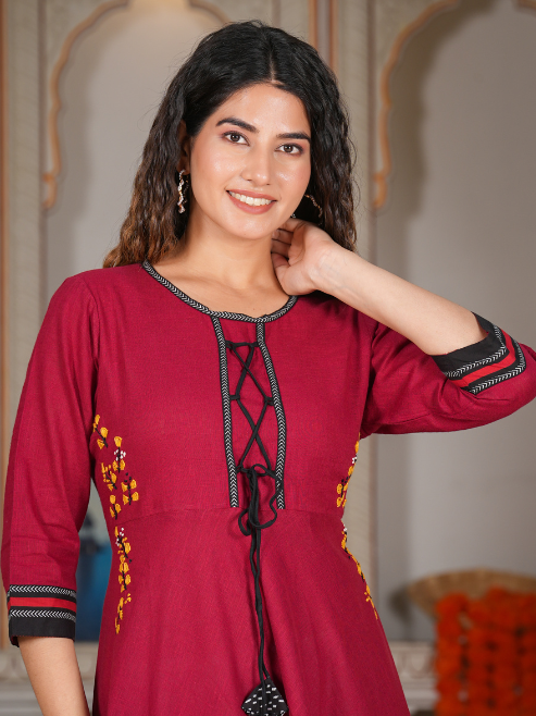Cotton Slub Embroidered Anarkali Kurta (Maroon)