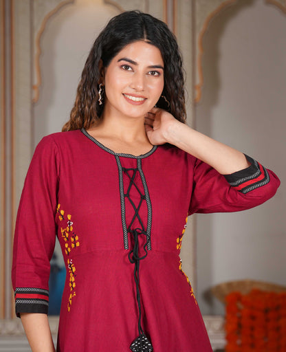 Cotton Slub Embroidered Anarkali Kurta (Maroon)