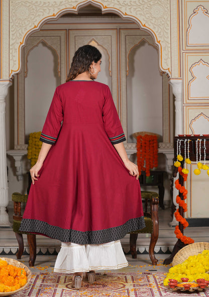 Cotton Slub Embroidered Anarkali Kurta (Maroon)