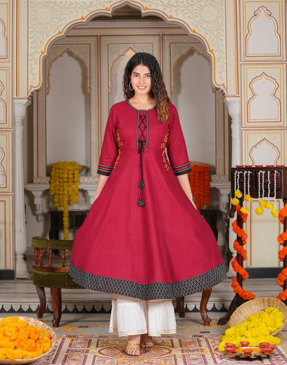 Cotton Slub Embroidered Anarkali Kurta (Maroon)