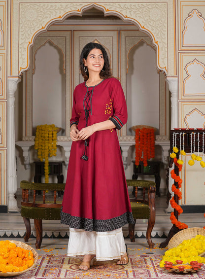 Cotton Slub Embroidered Anarkali Kurta (Maroon)