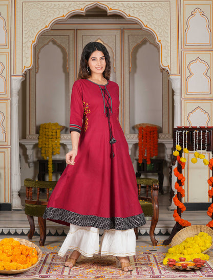 Cotton Slub Embroidered Anarkali Kurta (Maroon)