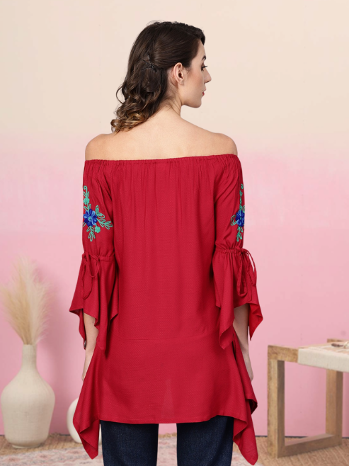 yash gallery womens dotted rayon dobby embroidered kite style top maroon