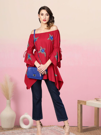 yash gallery womens dotted rayon dobby embroidered kite style top maroon
