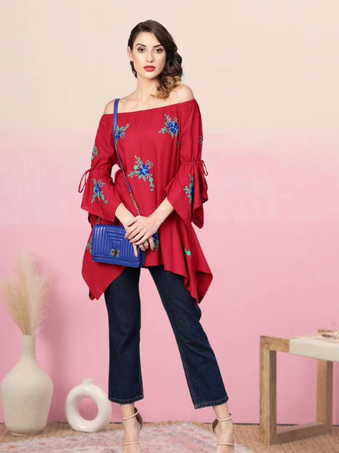 yash gallery womens dotted rayon dobby embroidered kite style top maroon