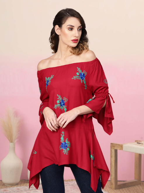 yash gallery womens dotted rayon dobby embroidered kite style top maroon