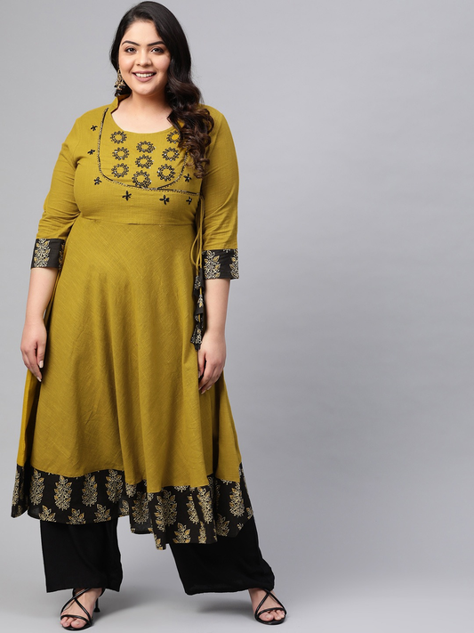Yash Gallery Women's Cotton Slub Embroidered Anarkali Kurta Plus Size