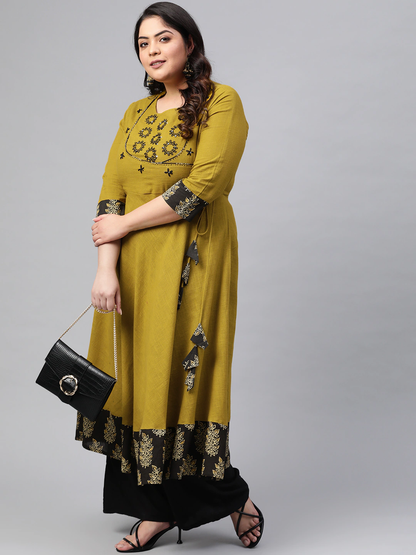 Yash Gallery Women's Cotton Slub Embroidered Anarkali Kurta Plus Size