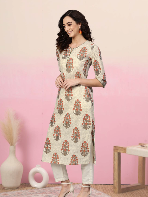 Cotton Cambric Sequin Work Straight Kurta (Beige)