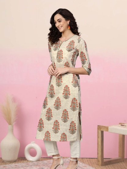 Cotton Cambric Sequin Work Straight Kurta (Beige)